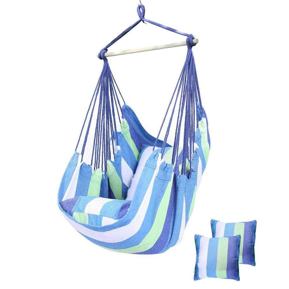 Blue+White 130*100cm Garden Hanging Hammock Chair Swing Camping With 2 Pillows