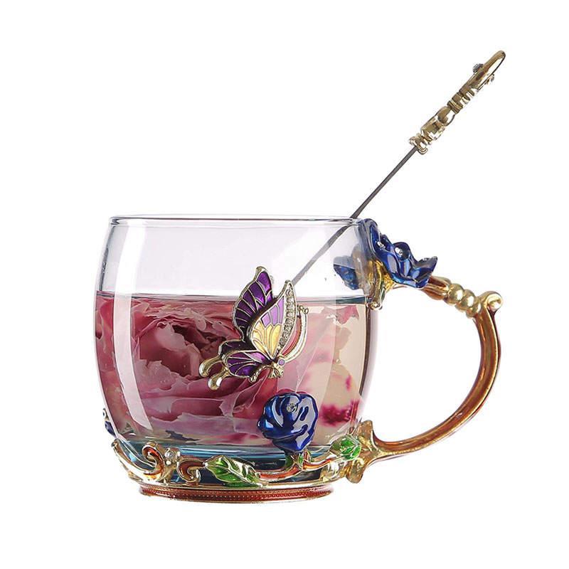 2Pack Enamels Butterfly Flower Tea Cup with Spoon Gifts for Women Wife Mom Her-Blue