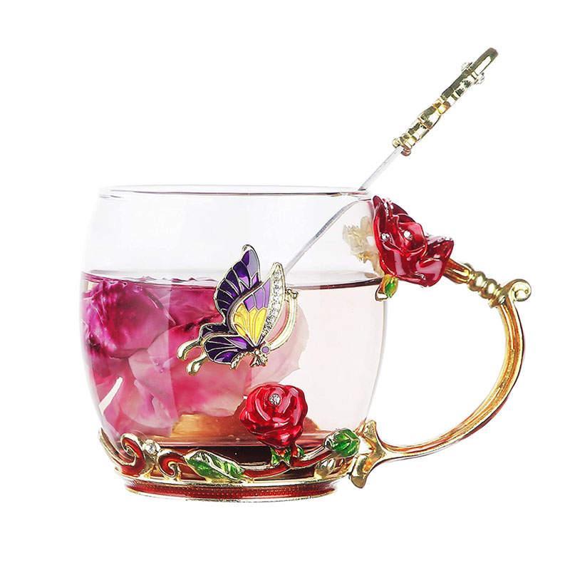 2Pack Enamels Butterfly Flower Tea Cup with Spoon Gifts for Women Wife Mom Her-Red