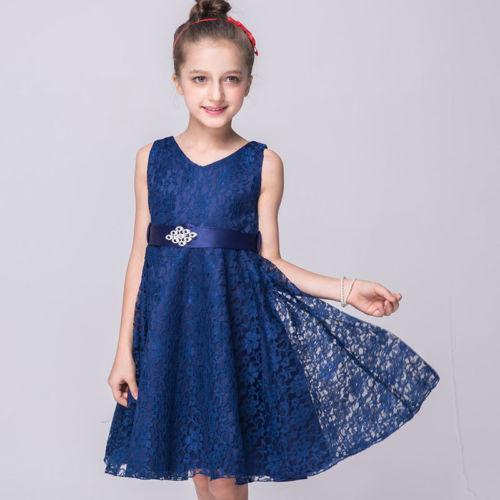 GoodGoods Kids Girl Dress V Neck Middle Belt Short Sleeve Lace Prom Dress Girls Princess Dress(Navy Blue,12-13 Years)