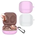 2Pcs Silicone Headphone Protective Case Wireless Earphone Cover with Carabiner for Samsung Galaxy Buds2/ Buds Live/Buds Pro White and Pink