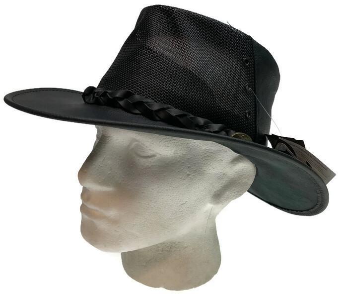 JACARU Full Grain Kangaroo Leather Breeze Cooler Hat Oil Skin Mesh Vent Outback - Black - Large
