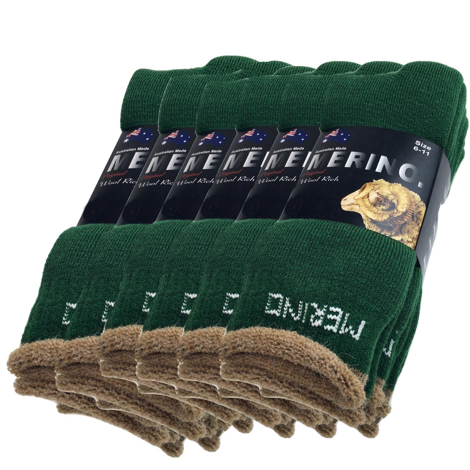 6 Pairs MERINO WOOL SOCKS Mens Heavy Duty Premium Thick Work Socks Cushion BULK - Green - 11-14