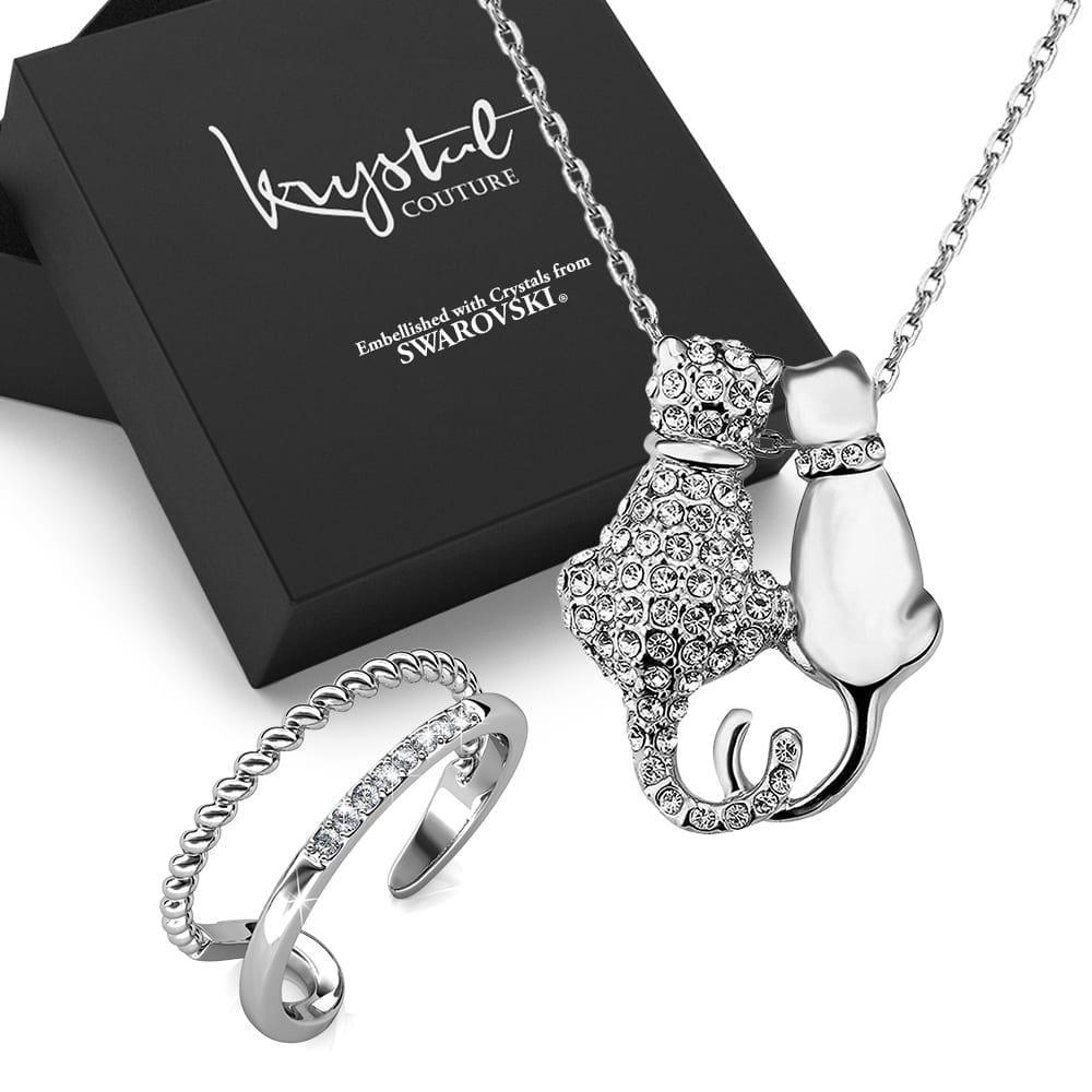 Boxed Feline On! Necklace and Ring Set Embellished with SWAROVSKI Crystals In White Gold