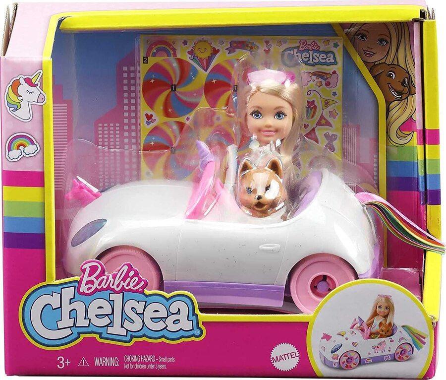 Barbie Chelsea Doll with Open-Top Unicorn Car & Sticker Sheet GXT41