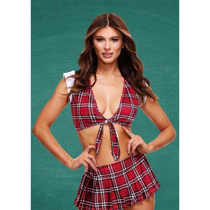 Introducing the Seductively Sensual "Teacher's Pet" Schoolgirl Crop Top & Skirt - M/L - Red Tartan Plaid Pleated Micro Skirt and Matching Cropped Top
