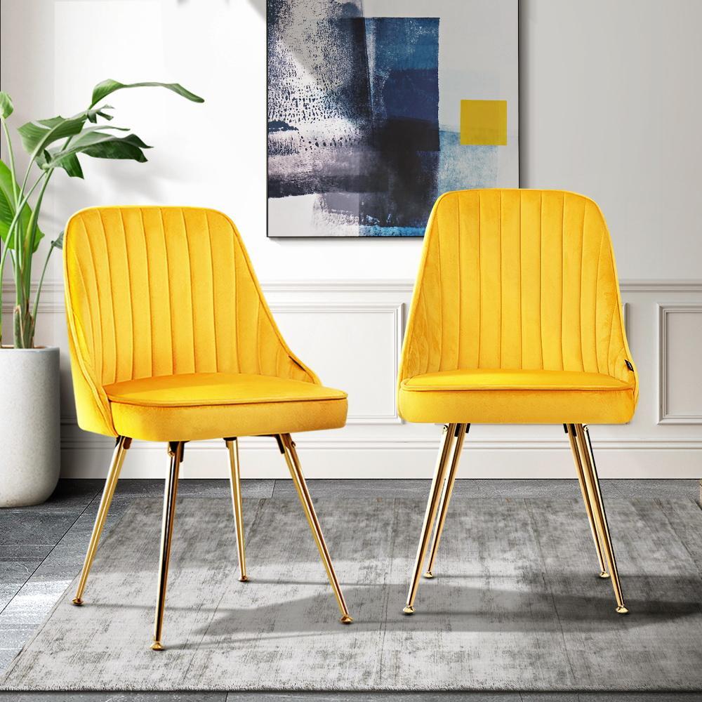 【Sale】Set of 2 Dining Chairs Retro Chair Cafe Kitchen Modern Metal Legs Yellow