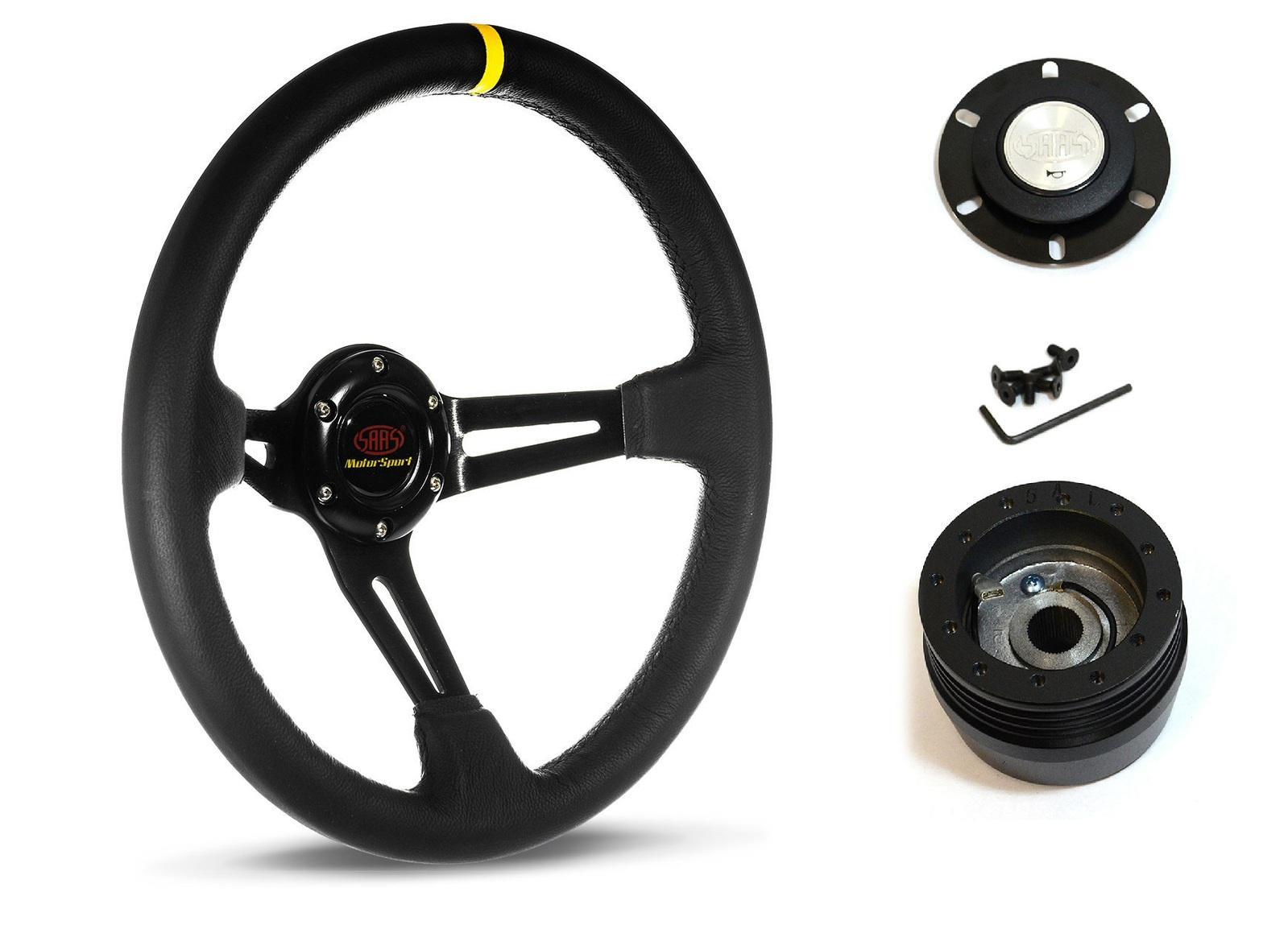 SAAS Steering Wheel Leather 14" ADR Deep Dish Black Slotted + Indicator SWE2 and SAAS boss kit for Holden Bedford Up To 1982