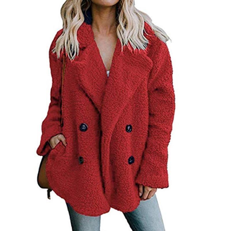 Womens Winter Fleece Teddy Bear Sherpa Jacket Coats with Pockets Outerwear- Red