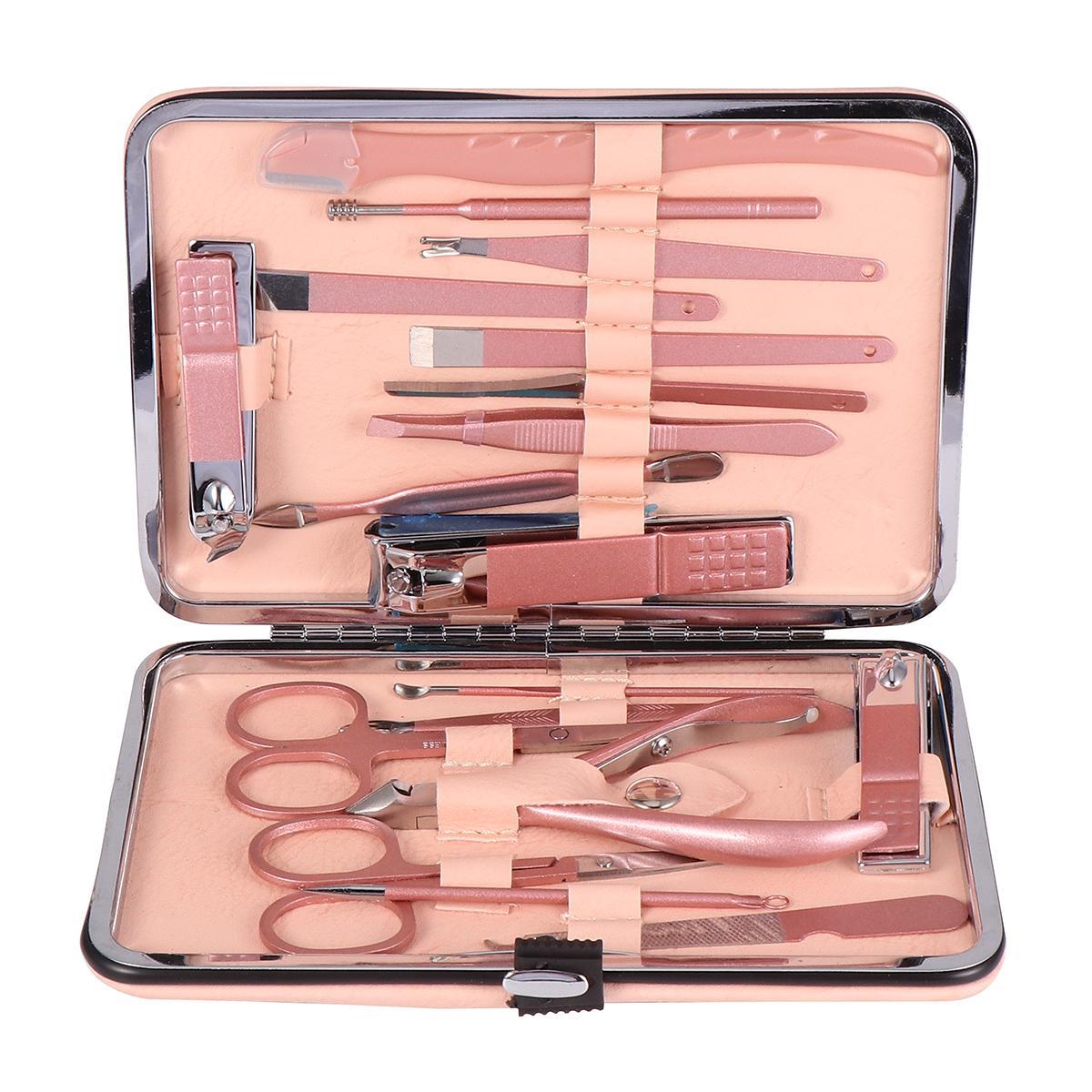 18 Pcs Nail Care Stainless Steel Rose Gold 18-Piece Clippers Scissors Set Beauty Manicure Tools Kit File Buffer
