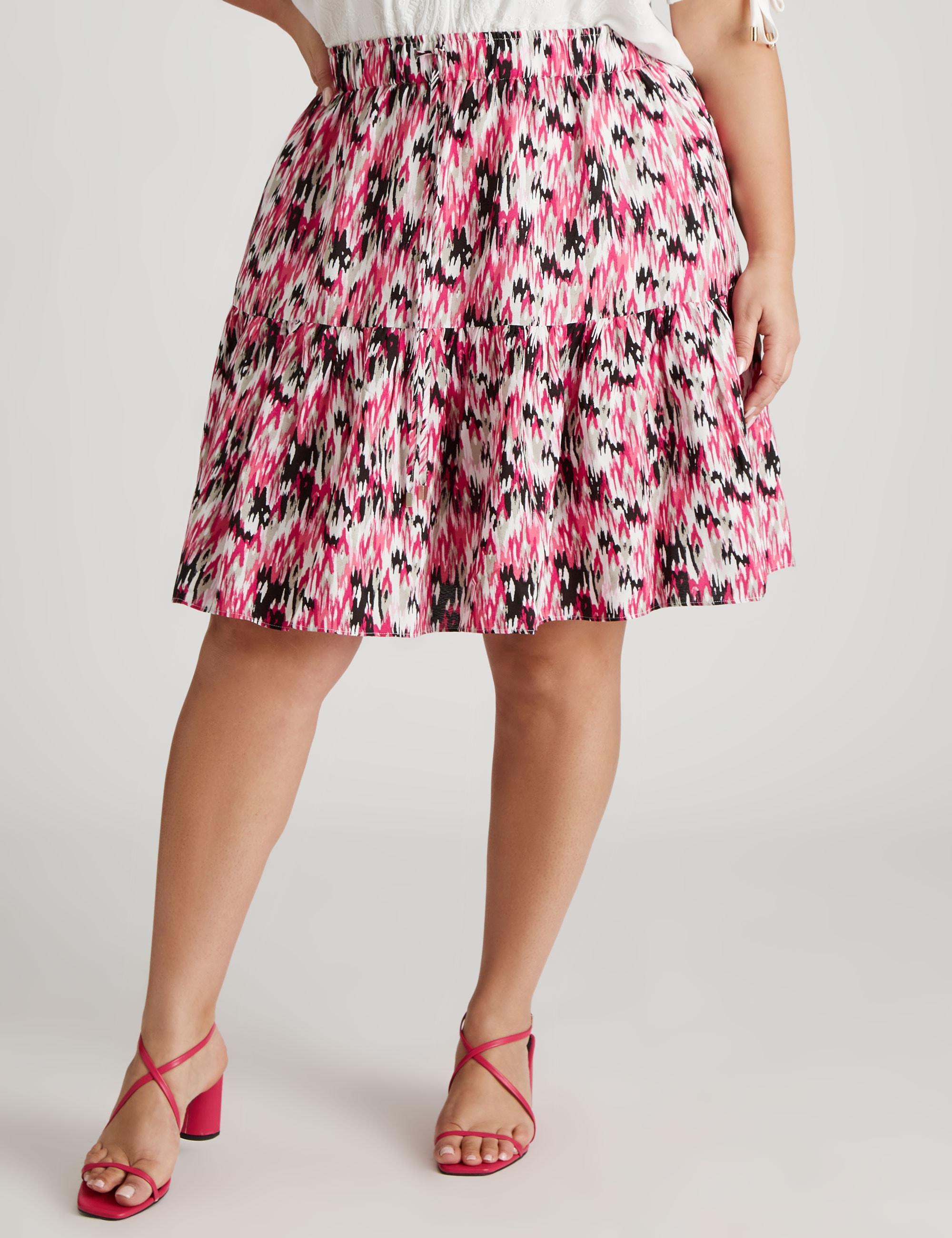 BeMe - Plus Size - Womens Skirts - Midi - Summer - Pink - A Line - Work Clothes - Woven - Thigh Tiered - Knee Length - Casual Fashion - Office Wear