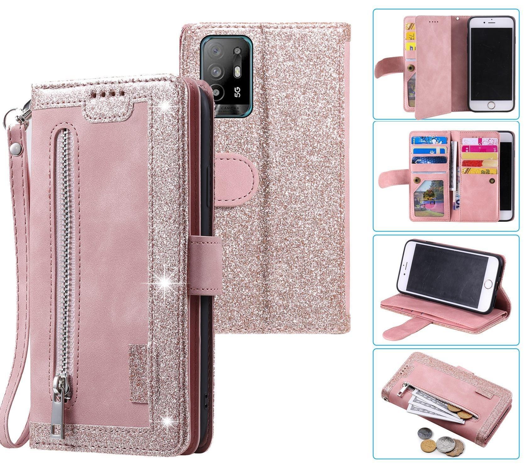 Oppo A74 Case 5G Wallet Cover Glitter Rose Gold