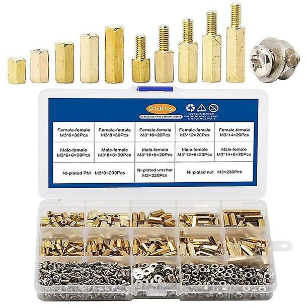 910pcs M3 Male Female Hex Brass Standoff Spacer With Pan Head Screw Nut And Washer Assortment Kit