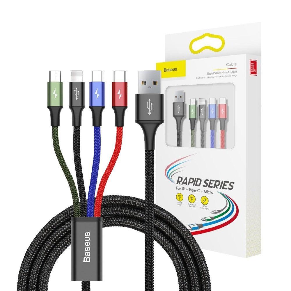 Baseus 4 in 1 Nylon Braided Cable (Lightning 2 x Type-C Micro USB) 3.5A 1.2m (CA1T4-B01)-Black