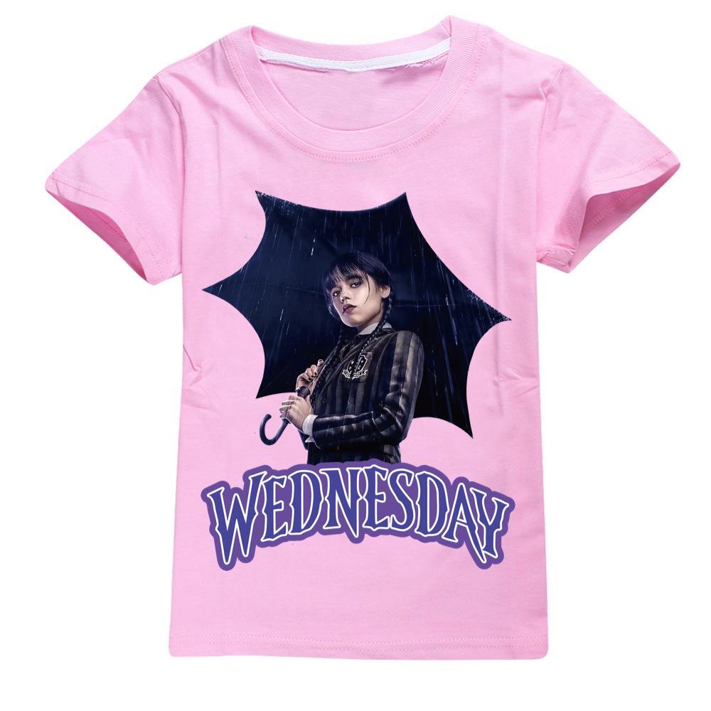 Vicanber Movie:The Addams Family Series Fashion Young Children Girls T-Shirt Short Sleeve Top 7-14Years(Pink,#130)