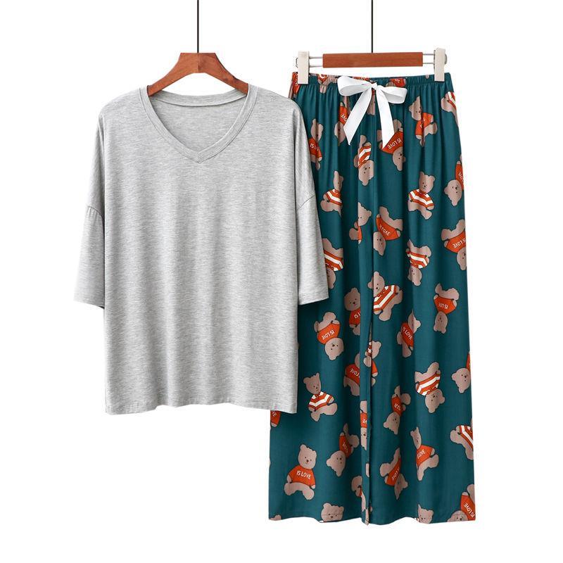 Strapsco Womens Pajama Set Print Sleepwear Soft V-Neck Short Sleeve Top With Pants (9, One Size)