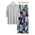 Strapsco Womens Pajama Set Print Sleepwear Soft V-Neck Short Sleeve Top With Pants (10, One Size)