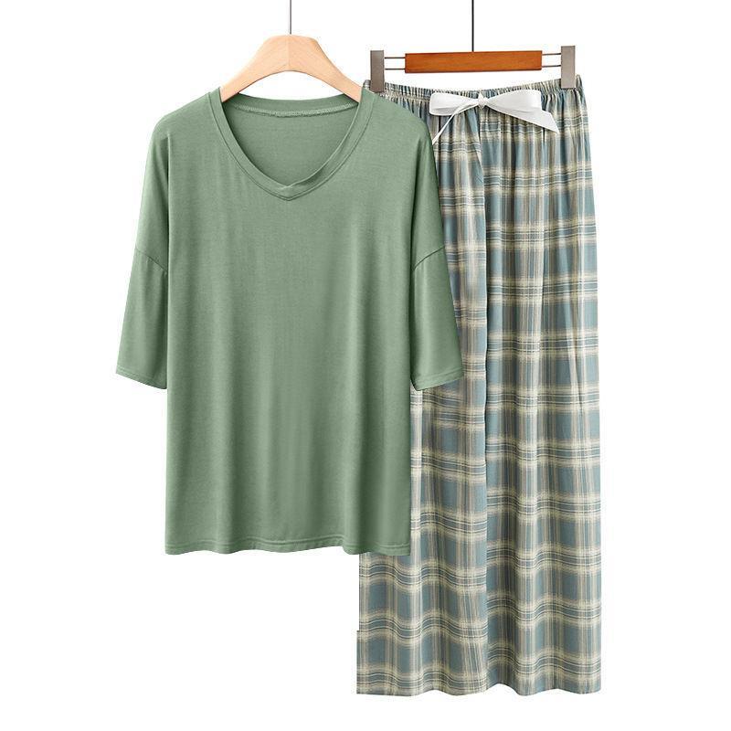 Strapsco Womens Pajama Set Print Sleepwear Soft V-Neck Short Sleeve Top With Pants (11, One Size)