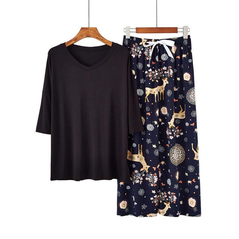 Strapsco Womens Pajama Set Print Sleepwear Soft V-Neck Short Sleeve Top With Pants (32, One Size)