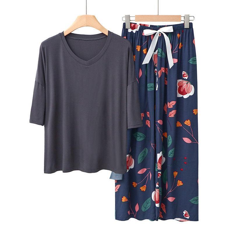 Strapsco Womens Pajama Set Print Sleepwear Soft V-Neck Short Sleeve Top With Pants (15, One Size)
