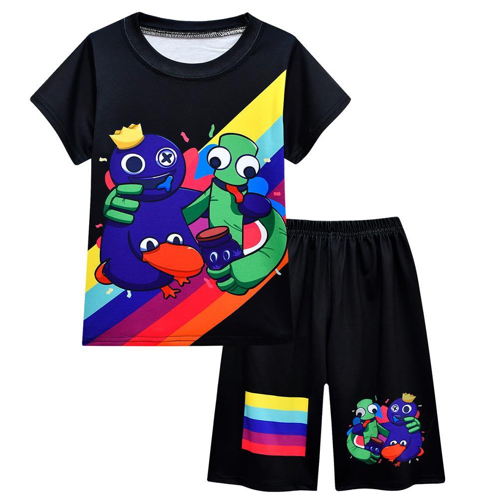 Vicanber Boys Girls Rainbow Friends Series Cartoon Graphic Casual Costume Short Sleeve T-Shirt Shorts Set(Black,#150)