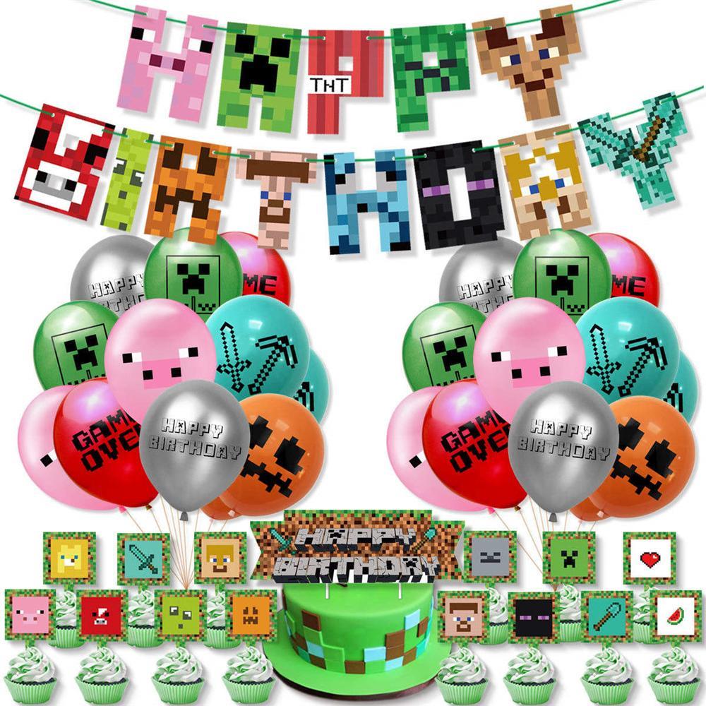 Vicanber Pixel Style Game Minecraft Birthday Party Supplies, Miner Theme Party Decorations Include Banner Game Balloons Cake Topper Cupcake Toppers Boys Girls Birthday Decorations