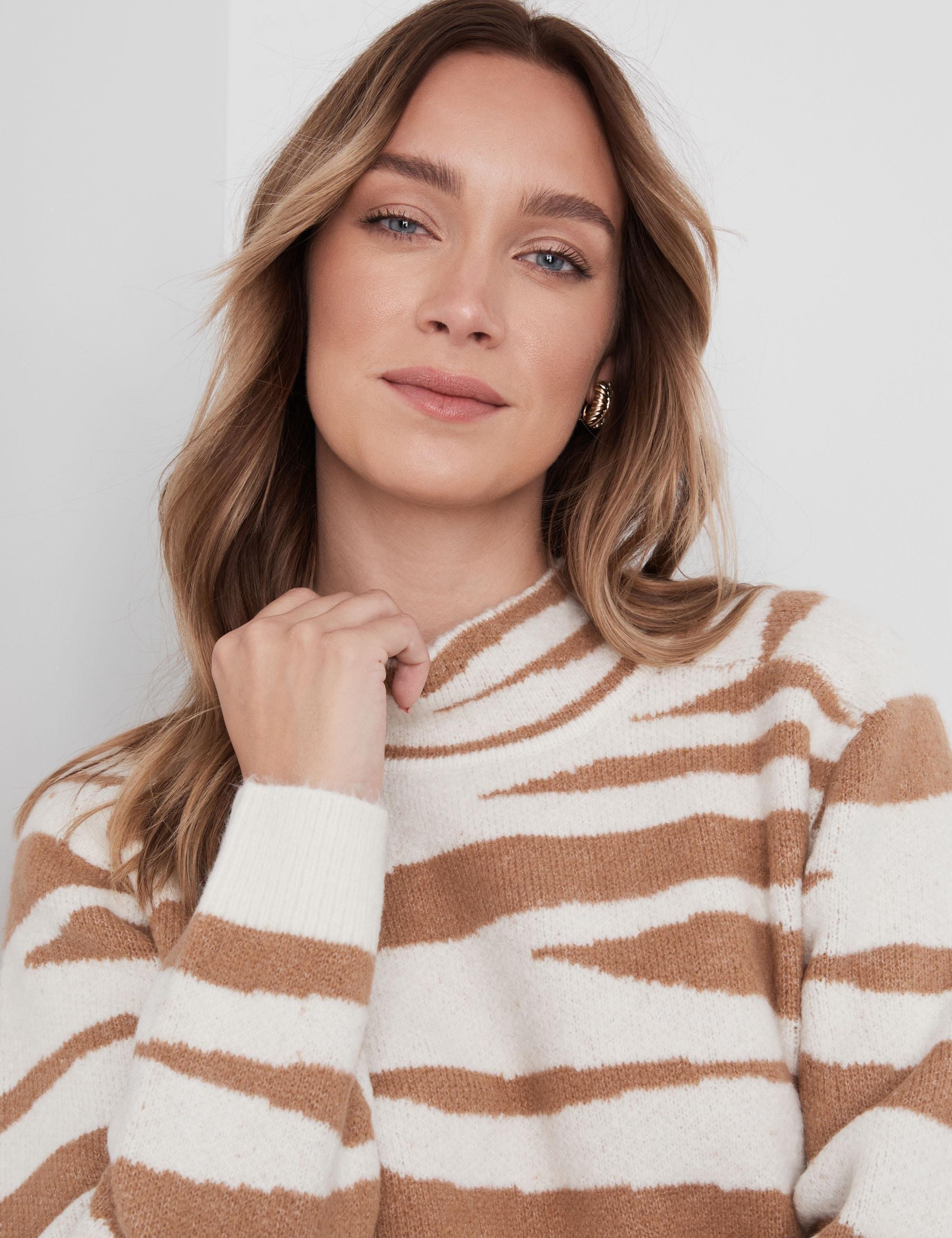 NONI B - Womens Jumper - Short Winter Sweater - Brown Pullover - Zebra Jacquard - Long Sleeve - Burro Animal Print - High Neck - Casual Work Clothing