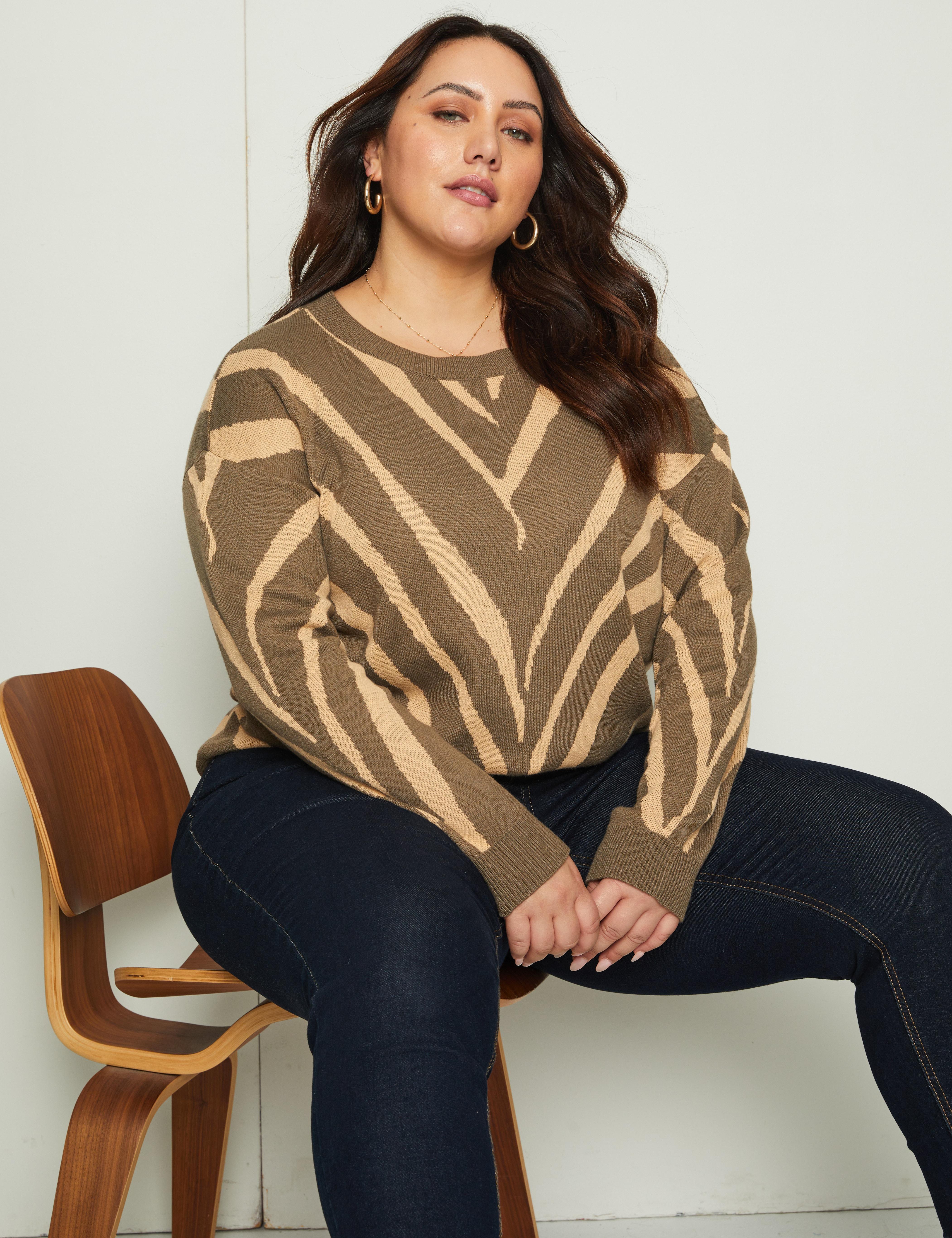 BeMe - Plus Size - Womens Jumper - Long Winter Sweater - Beige Pullover - Casual - Knitwear - Long Sleeve - Natural Abstract - Scoop Neck - Work Wear