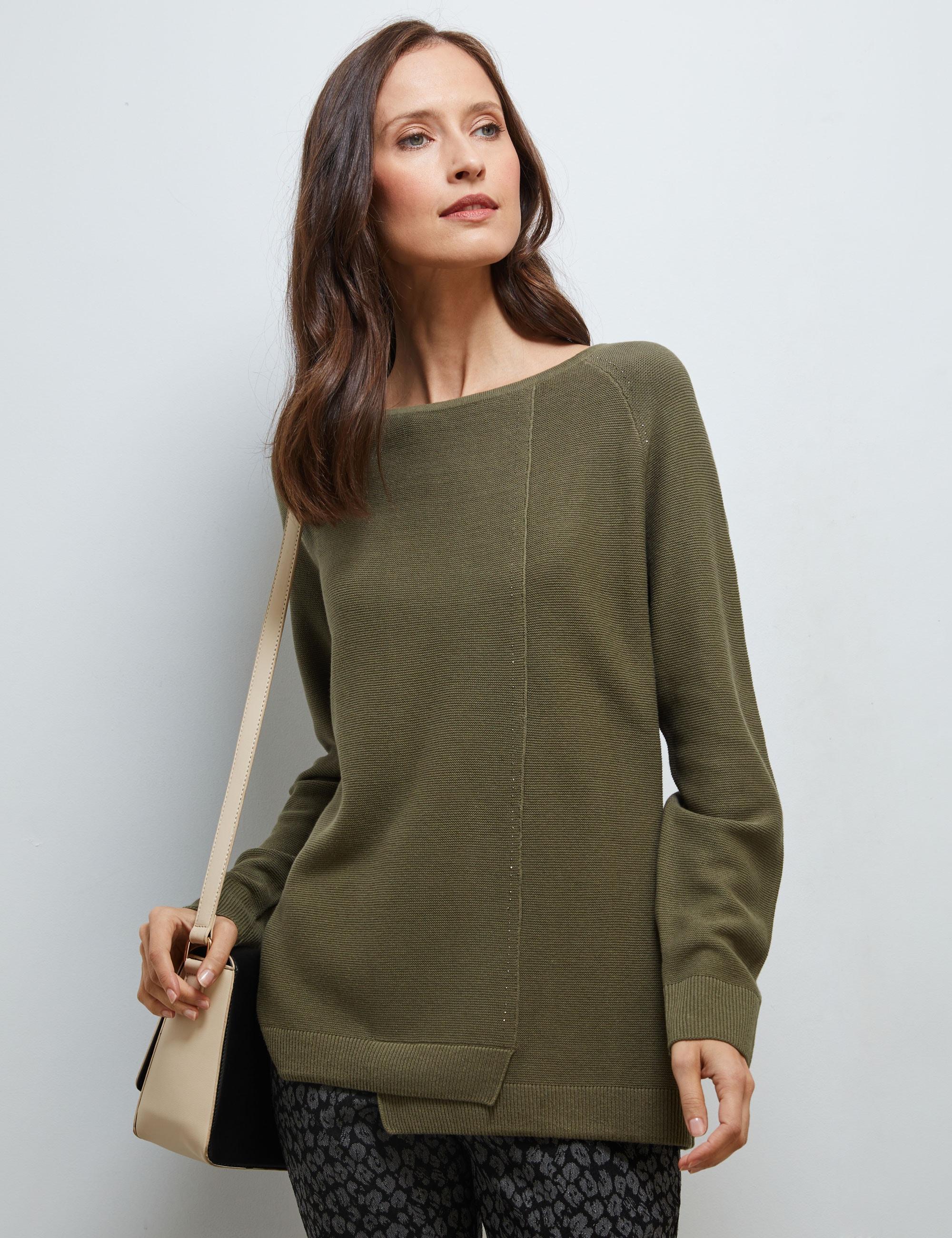 NONI B - Womens Jumper - Winter Sweater - Green Pullover - Cotton Clothing - Long Sleeve - Dusty Olive - Boat Neck - Hotfix Trim - Casual Work Wear
