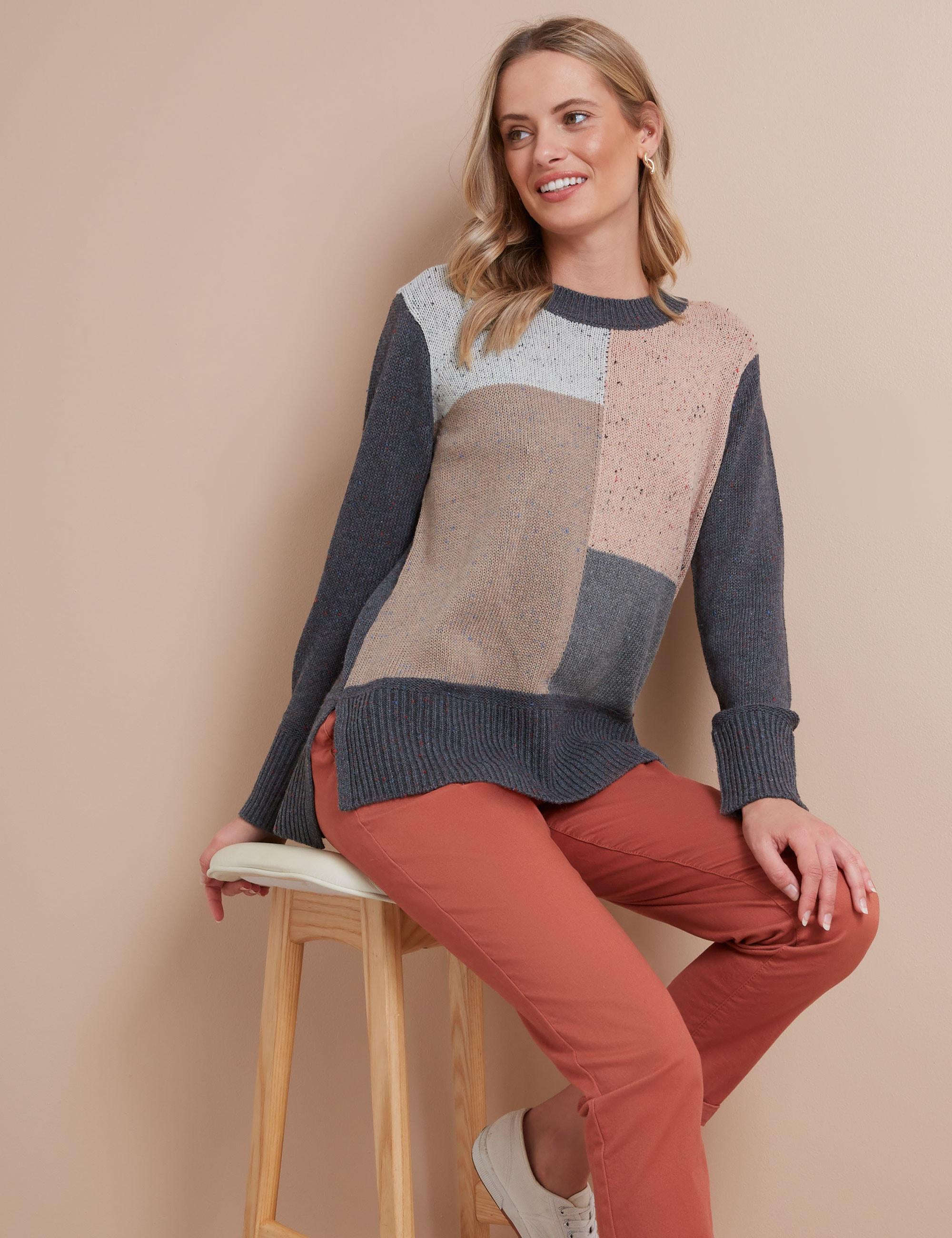 W LANE - Womens Jumper - Long Winter Sweater - Pink Pullover - Cotton Clothing - Long Sleeve - Pink Colourblock Abstract - Crew Neck Casual Work Wear