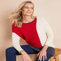 W LANE - Womens Jumper - Short Winter Sweater - Red Pullover - Casual Clothing - 3/4 Sleeve - Red, Ivory, Charcoal Abstract - Scoop Neck - Work Wear