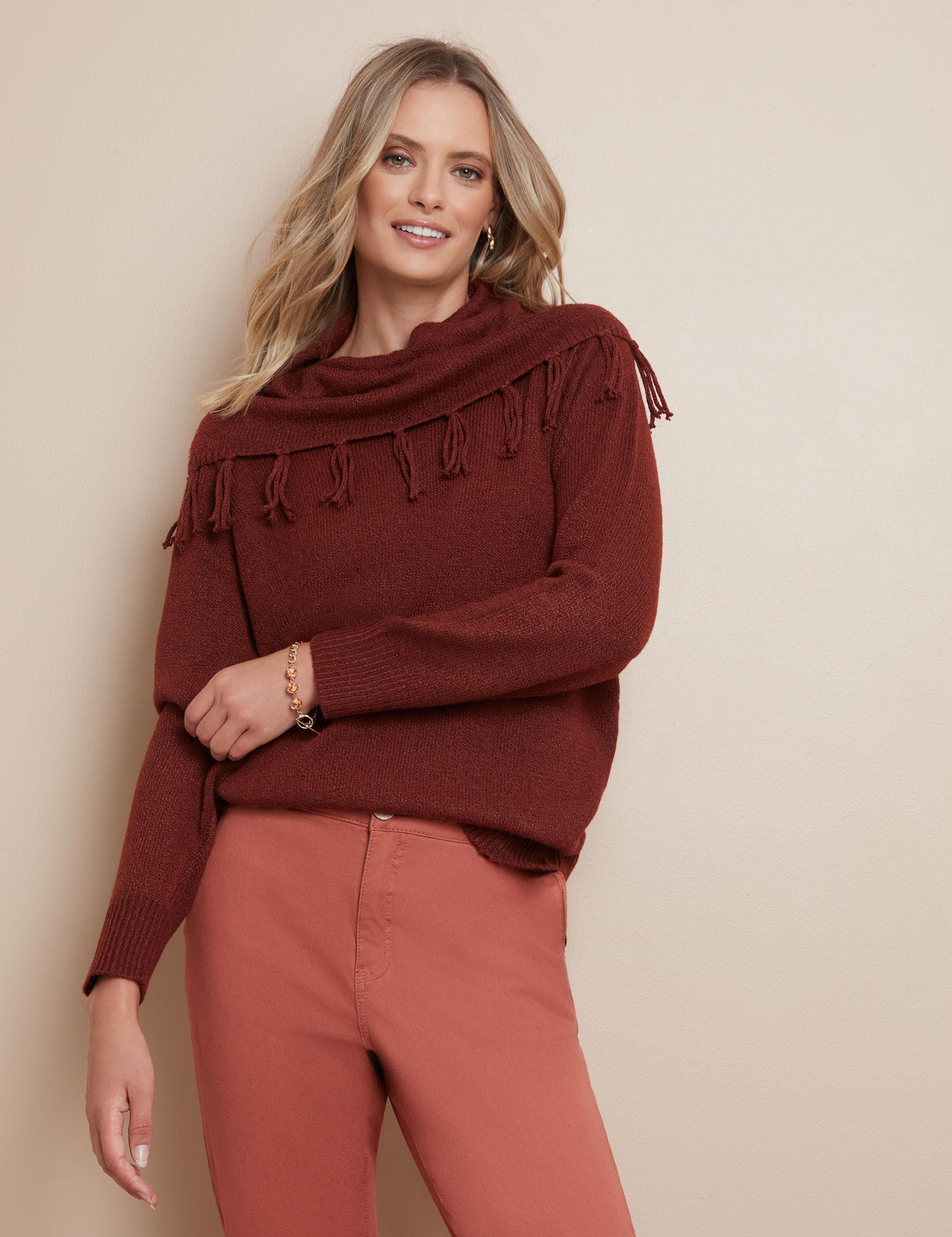 W LANE - Womens Jumper - Short Winter Sweater - Brown Pullover - Tassle - Casual - Knitwear - Long Sleeve - Cowl Neck - Office Clothing - Work Wear