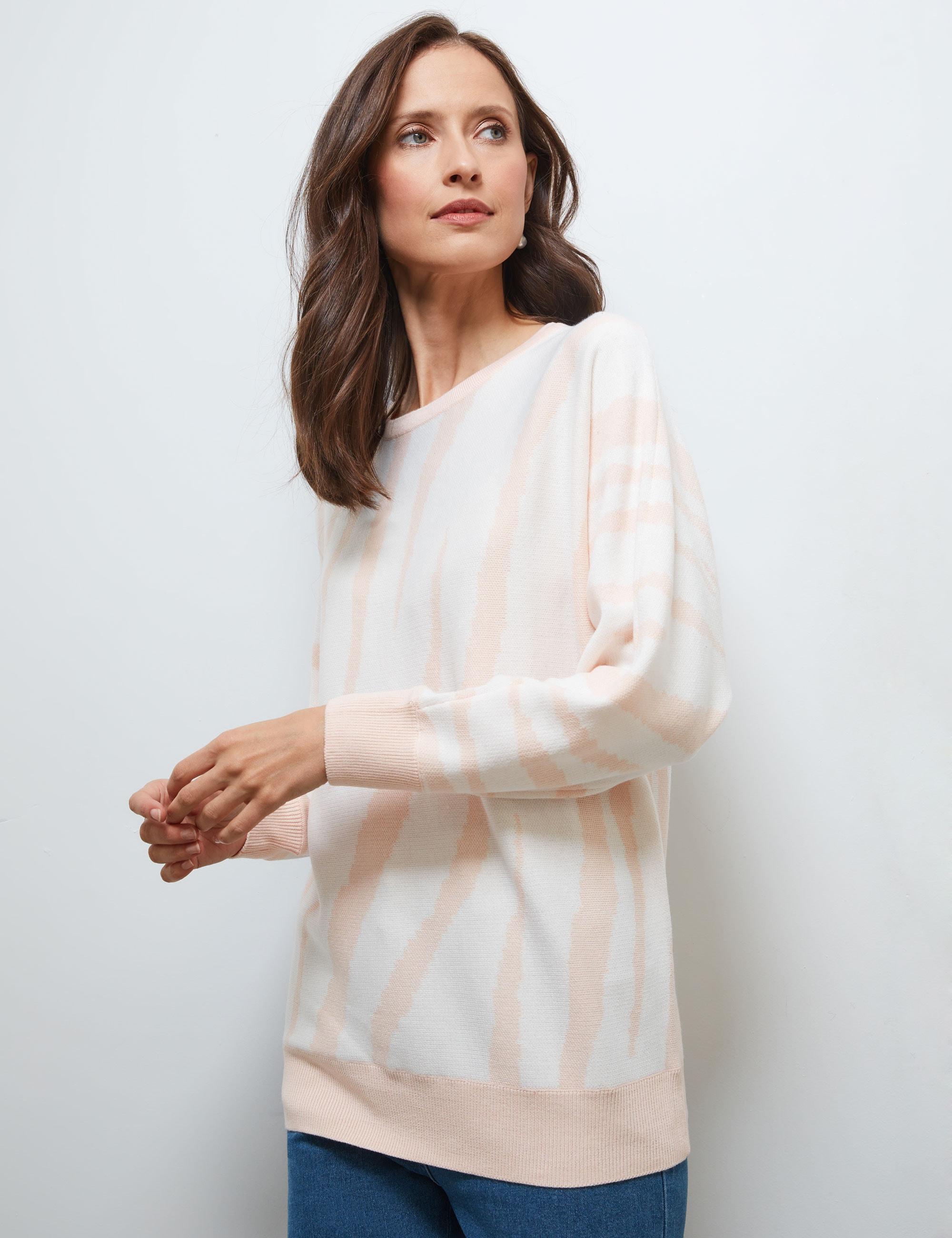 NONI B - Womens Jumper - Long Winter Sweater - Pink Pullover Warm Wool Clothing - Long Sleeve - Pearl Blush Abstract - Boat Neck - Zebra Jacquard
