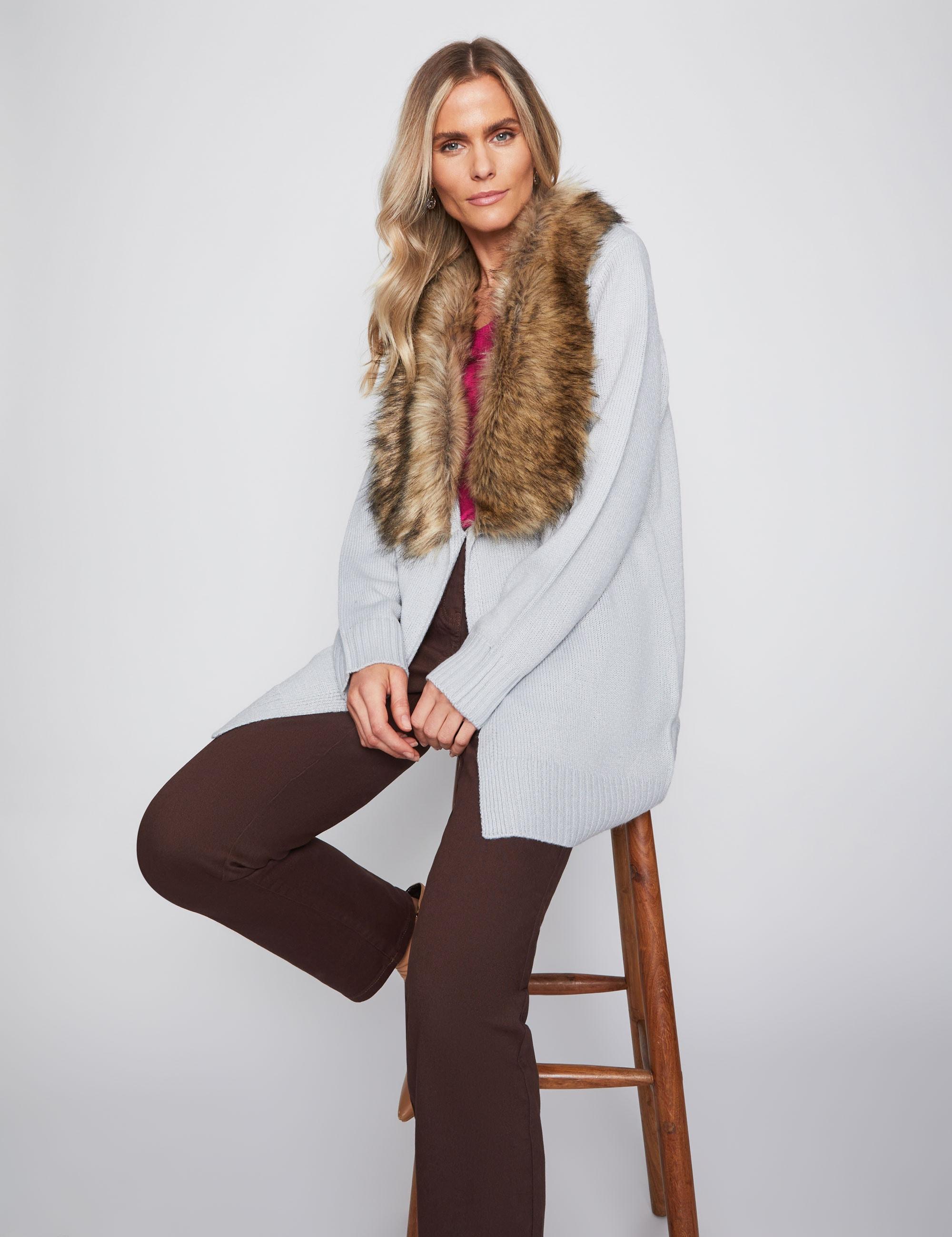 MILLERS - Womens Long Coat - Grey Winter Coatigan - Faux Fur Collar - Casual - Long Sleeve - Cardigan - Warm Comfy Fashion - Work Wear Office Clothing