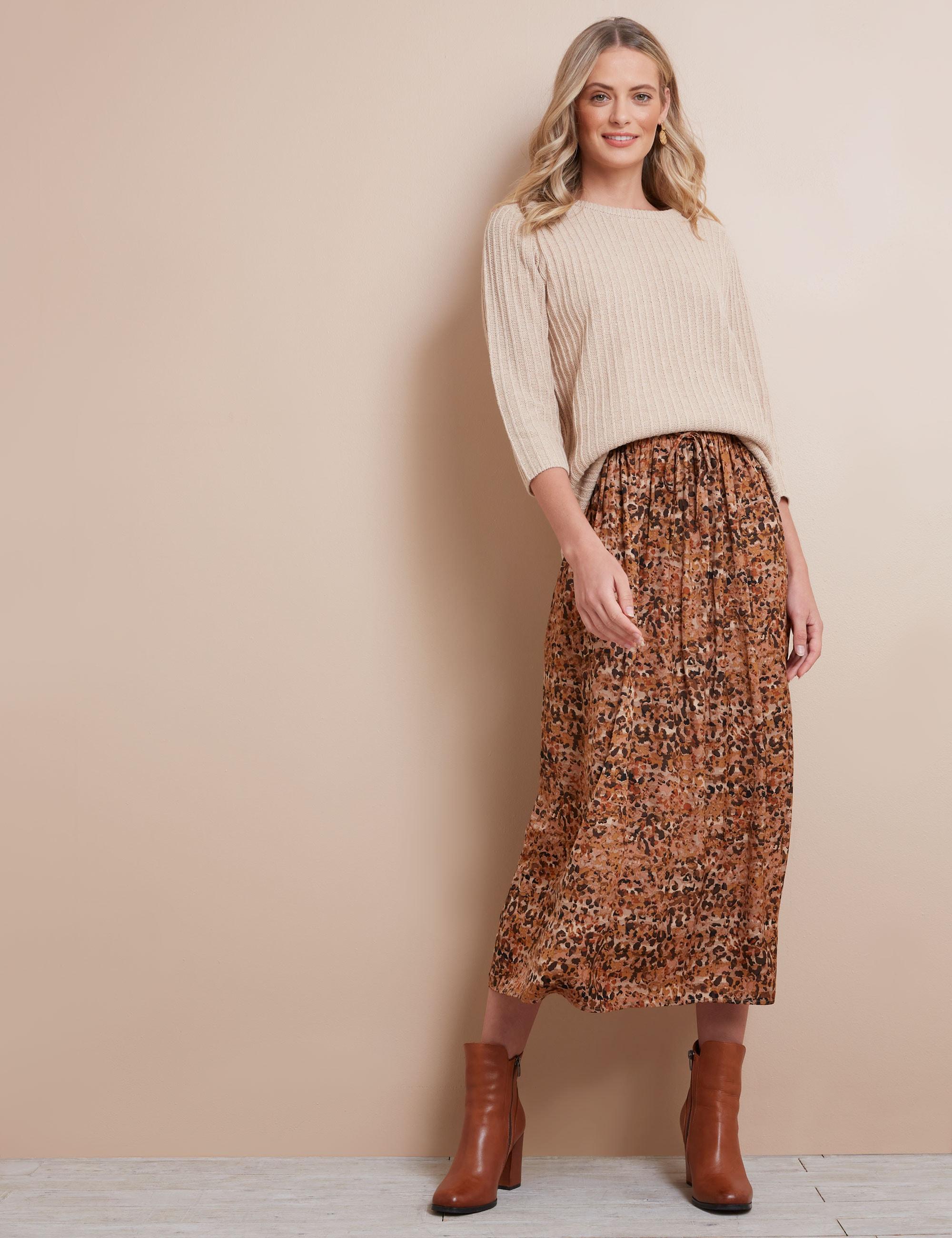 W LANE - Womens Skirts - Maxi - Winter - Brown - Animal - Straight - Fashion - Leopard - Relaxed Fit - Long - Casual Work Clothes - Office Wear