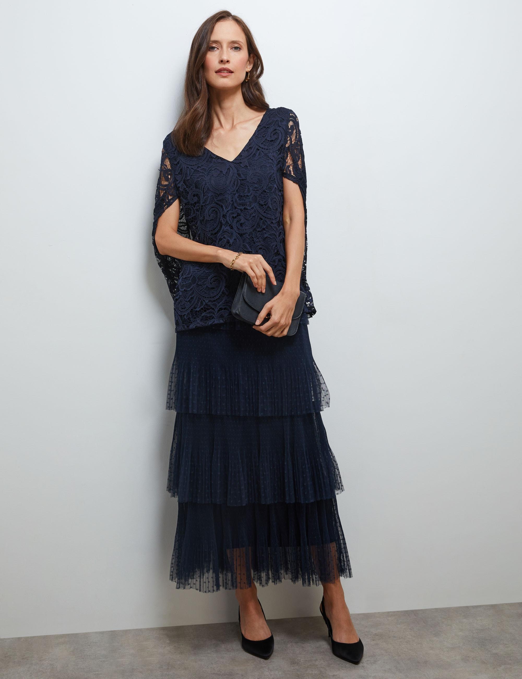 NONI B - Womens Skirts - Maxi - Winter - Blue - Casual Fashion - Work Clothes - Navy - Relaxed Fit - - Mesh Tiered - Long - Quality Office Wear