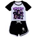 Vicanber Children Girls Wednesday Adams Family Adams Pattern Shortsleeve Round Neck T Shirt And Shorts Suit Homing Clothing(Black,#140)
