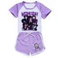 Vicanber Children Girls Wednesday Adams Family Adams Pattern Shortsleeve Round Neck T Shirt And Shorts Suit Homing Clothing(Purple,#140)