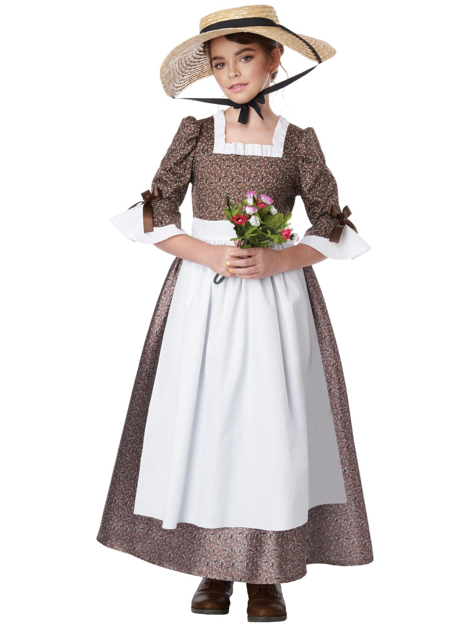 American Colonial Dress Pioneer Pilgrim Victorian Olden Day Girls Costume