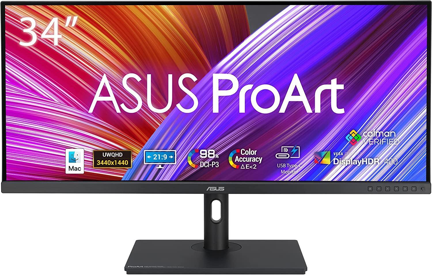 ASUS ProArt Display 34” Computer Monitor (PA348CGV) - 21:9 Ultra-Wide QHD (3440 x 1440), IPS, Color Accuracy ΔE < 2, Calman Verified, 98% DCI-P3, USB-C, 120Hz, Compatible with Laptop & Mac Monitor