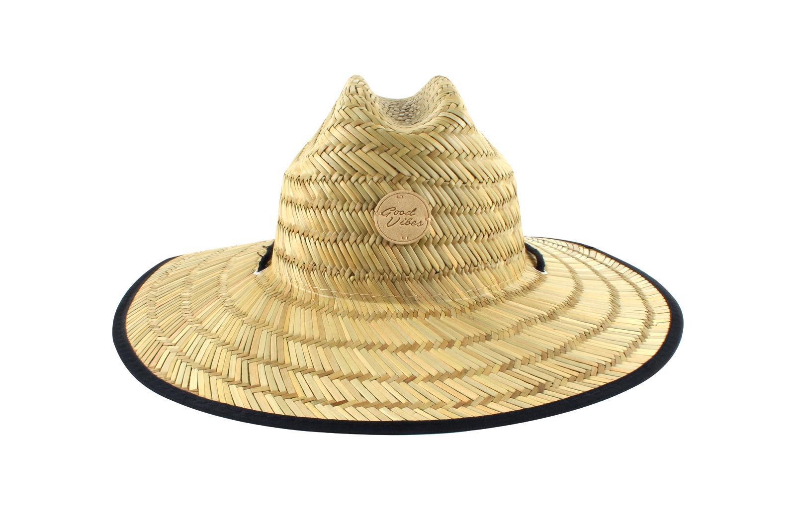 Good Vibes Surfer Beach Field Straw Leather Hat Summer Sun Protection Black