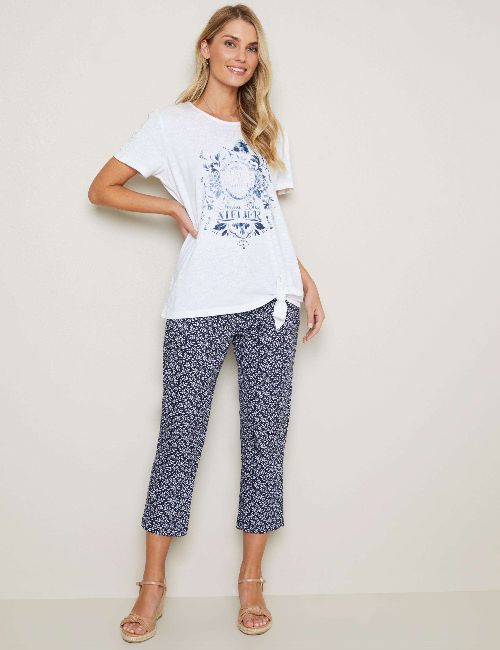 W LANE - Womens Pants - Blue Summer Cropped Cotton Work Wear - Fashion Trousers - Floral - High Waist - Elastane Trim - Smart Casual - Office Clothes