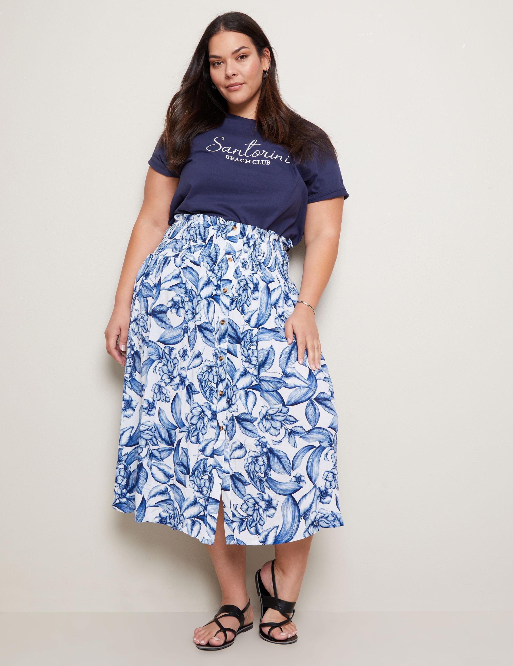 AUTOGRAPH - Plus Size - Womens Skirts - Midi - Summer - Blue - Floral - A Line - Relaxed Fit - Woven - Smocked Waist - Knee Length - Fashion Clothes