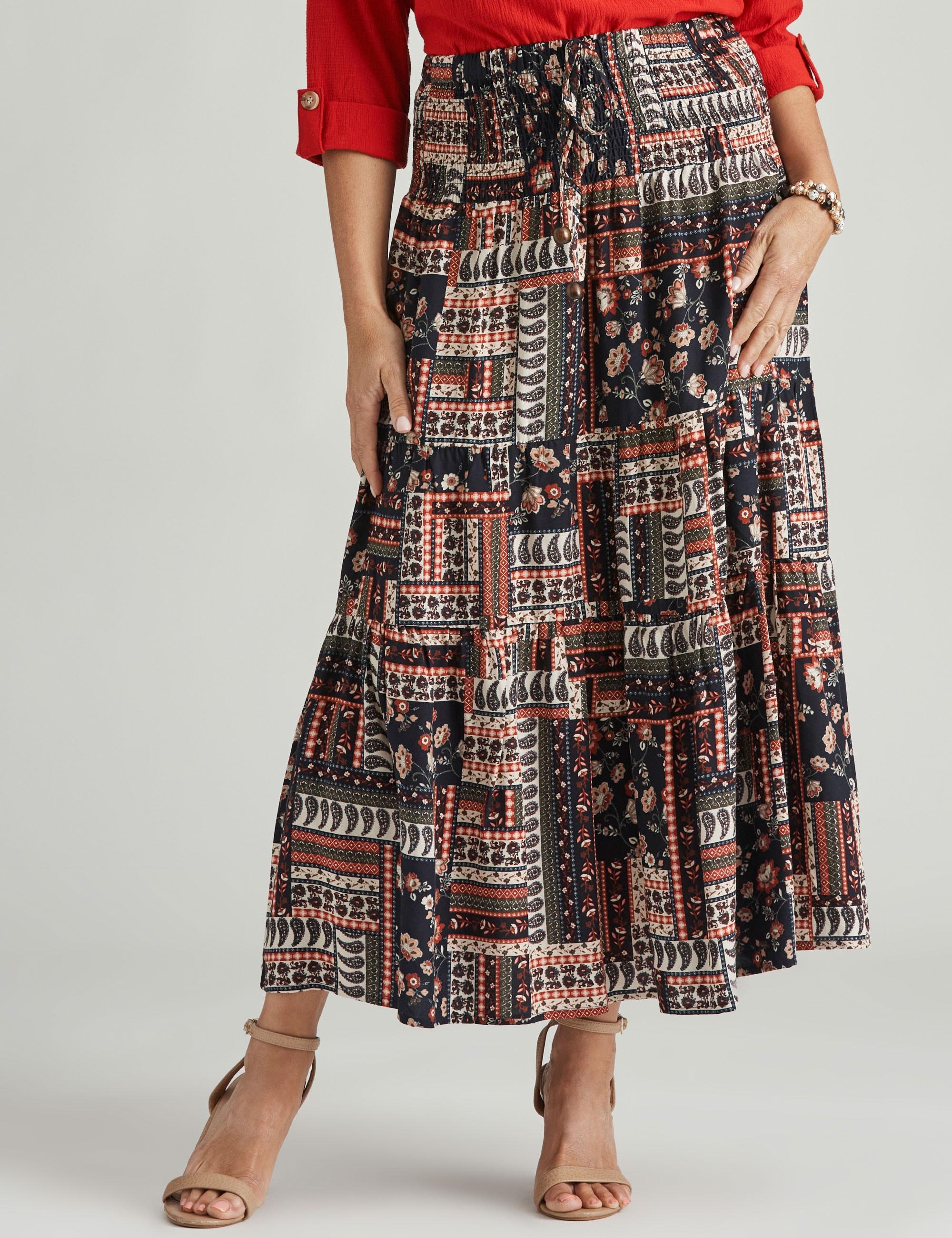 MILLERS - Womens Skirts - Maxi - Summer - Blue - Paisley - A Line - Fashion - Tile Print - Relaxed Fit - Tiered - Long - Office Casual - Work Clothes