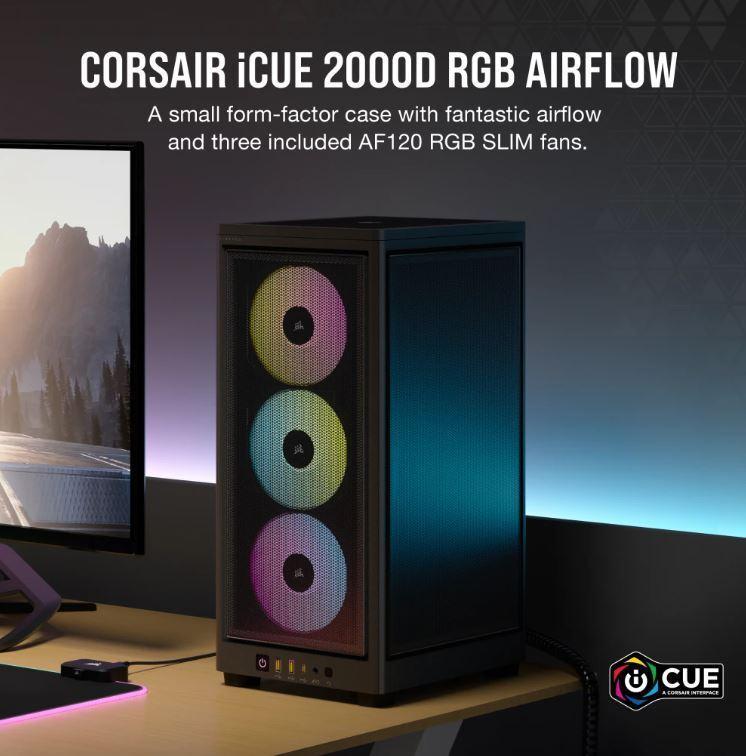 Corsair iCUE 2000D RGB AIRFLOW - Mesh Panels USB-C 3x AF120 RGB Slim Fans ICUE Mini ITX Tower - Black. Case