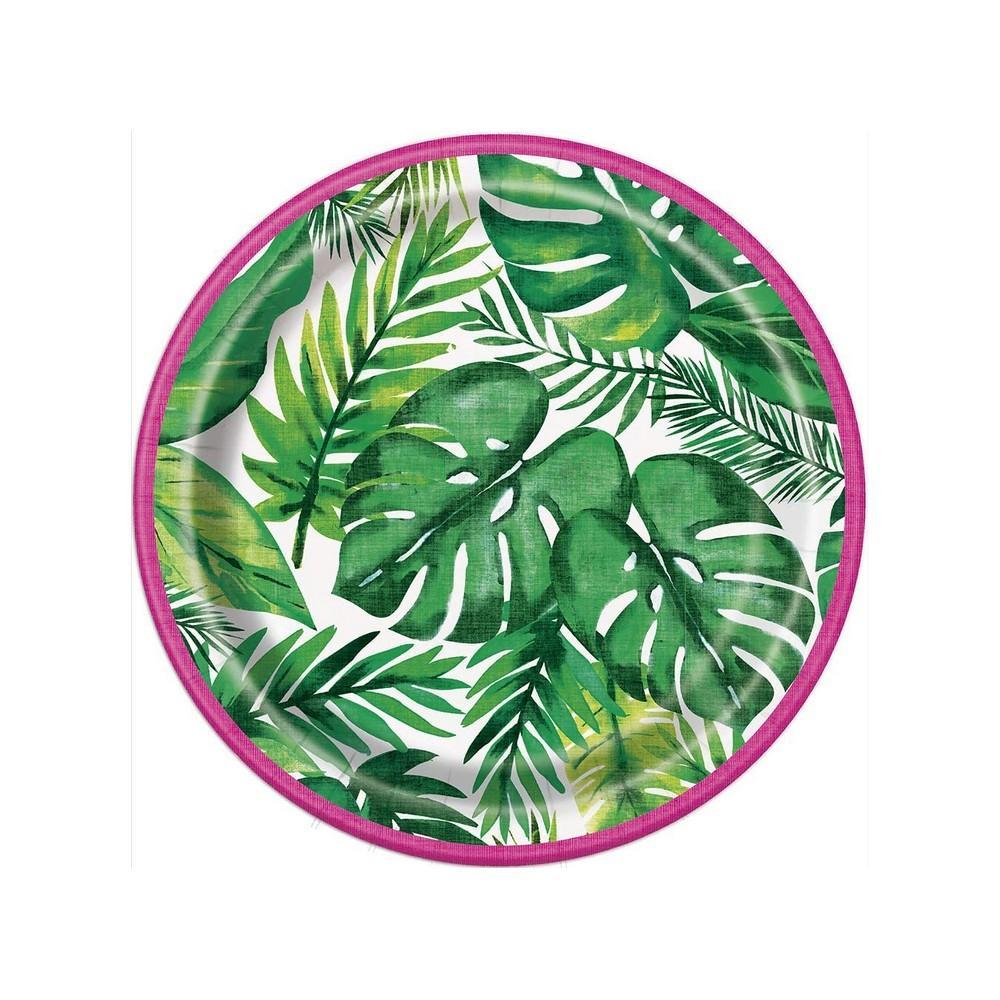 Unique Party Luau Theme Tropical Palm Party Plates (Pack of 8) (White/Green/Pink) (One Size)