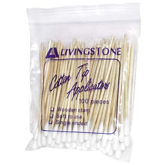 Livingstone Cotton Tip Applicator, Single Tipped, Biodegradable Wooden Stem, 7.5cm, 100 Pieces/Pack