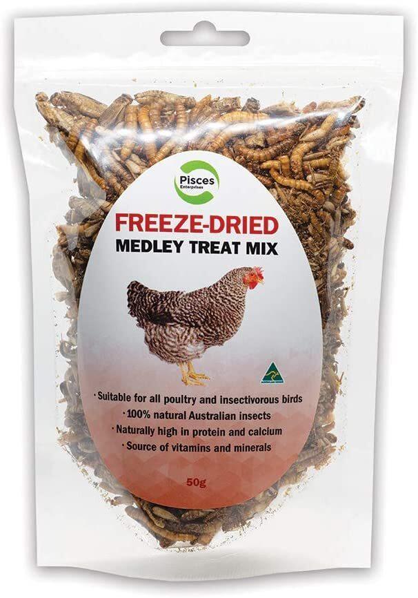 Freeze-Dried 50 gram Medley Treat Mix (Mealworms/Crickets) for Birds, Poultry & Chickens (Pisces)