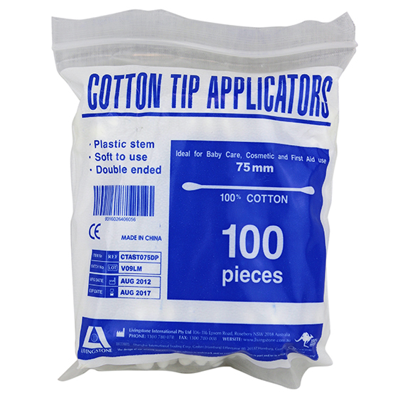 Livingstone Cotton Tip Applicator, Double Tipped, Recyclable Plastic Stem, 7.5cm, 100/Pack
