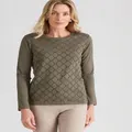 NONI B - Womens Jumper - Regular Winter Sweater - Green Pullover Diamond Design - Knitwear - Dusty Olive - Crew Neck - Smart Casual Clothing Work Wear